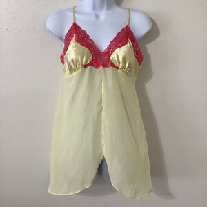 Vintage Y2K Yellow Pink Coquette Feminine Dainty Lace Fairy Babydoll Slip Small